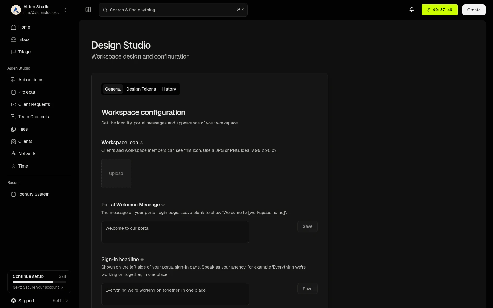 Design Studio General tab with workspace icon, Portal welcome message, and sign-in headline controls
