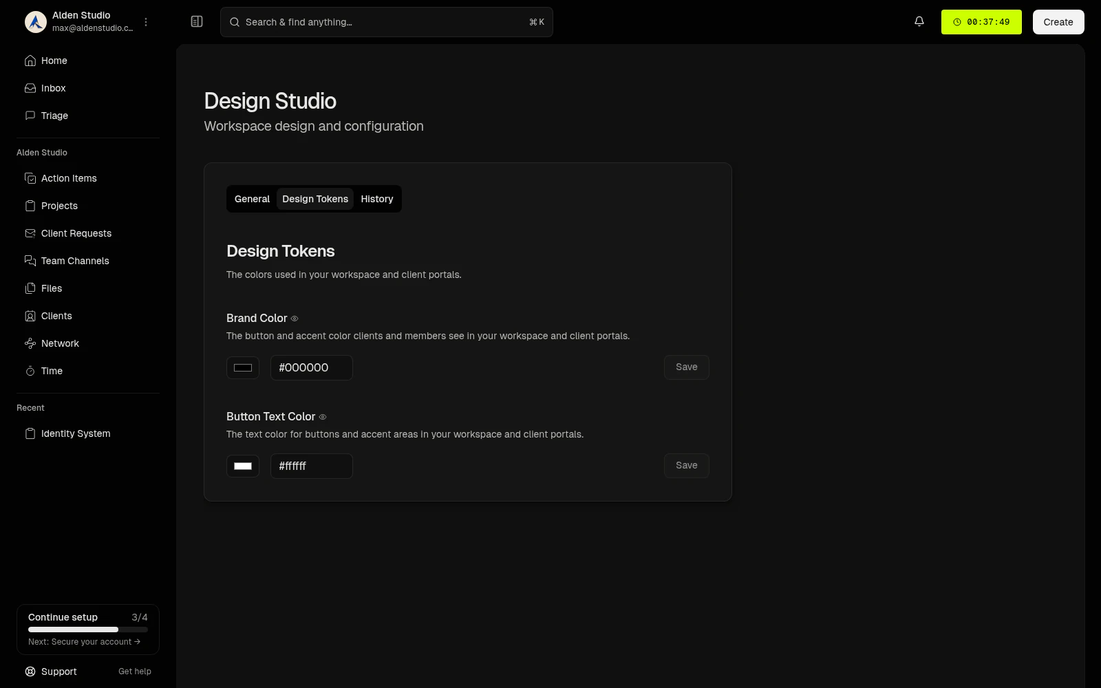 Design Tokens tab with separate Brand Color and Button Text Color fields and Save buttons
